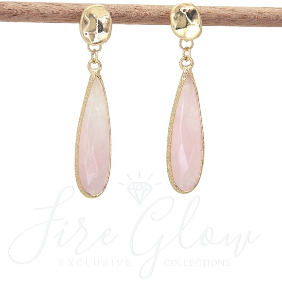 Long Teardrop Rose Quartz Earrings Hammered Metal - Picture 2 of 6